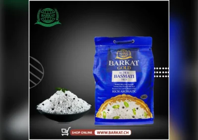 Barkat Gold Basmati Reis, Rich Aromatic, mit gekochtem Reis angerichtet